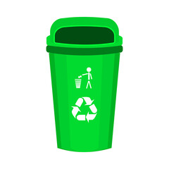 Green recycling bin with recycle logo isolated on white background. Office container for paper garbage.Street can, dustbin or box for waste, trash, rubbish, litter.Front view.Stock vector illustration