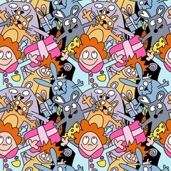 Doodle kids seamless pattern with animals and people for packaging and fabrics 