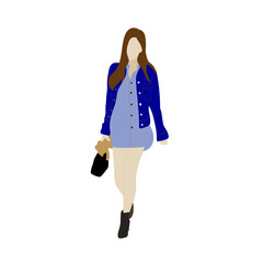 Vector illustration of Kpop street fashion. Street idols of Koreans. Kpop men's fashion idol. A girl in a dress and a denim jacket.