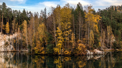 A rock town in Adrspach in autumn