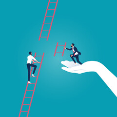 Helping hand, business support to reach career target or success, businessman climbing up to top of broken ladder with partner to connect to reach higher  © treety