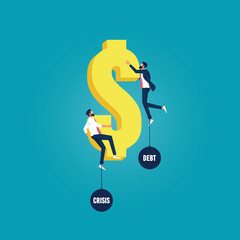 Businessmen hold on dollar symbol by heavy ball and chain, Investment and financial crisis vector concept