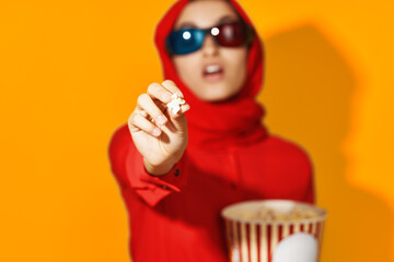 cheerful woman 3d glasses technology watching movie popcorn ethnicity model