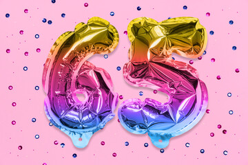Rainbow foil balloon number, digit sixty five on a pink background with sequins. Birthday greeting card with inscription 65. Anniversary concept. Numerical digit. Celebration event, template.