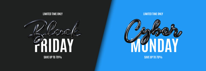 Black Friday and Cyber Monday Sale banner. Realistic 3d lettering. Black Friday and Cyber Monday lettering for decoration promotional discount event. Vector illustration for decoration sale banners.