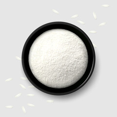 White flour in a black bowl, scattered long grain rice. Realistic vector illustration. Gray background. Top view.