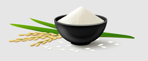 Rice flour in a black bowl, ripe paddy ear with green leaves, white long grains. Realistic vector illustration. Gray background. Side view.
