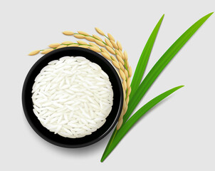 White long grain rice in a black bowl, ripe paddy ear with green leaves on gray background. Top view. Realistic vector illustration.