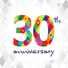 30th anniversary numbers. 30 years old or 30% off logotype concept. Isolated abstract graphic design template. Creative bright bg, 3 and 0 digits. Brushing style text, decorative blanket pattern.