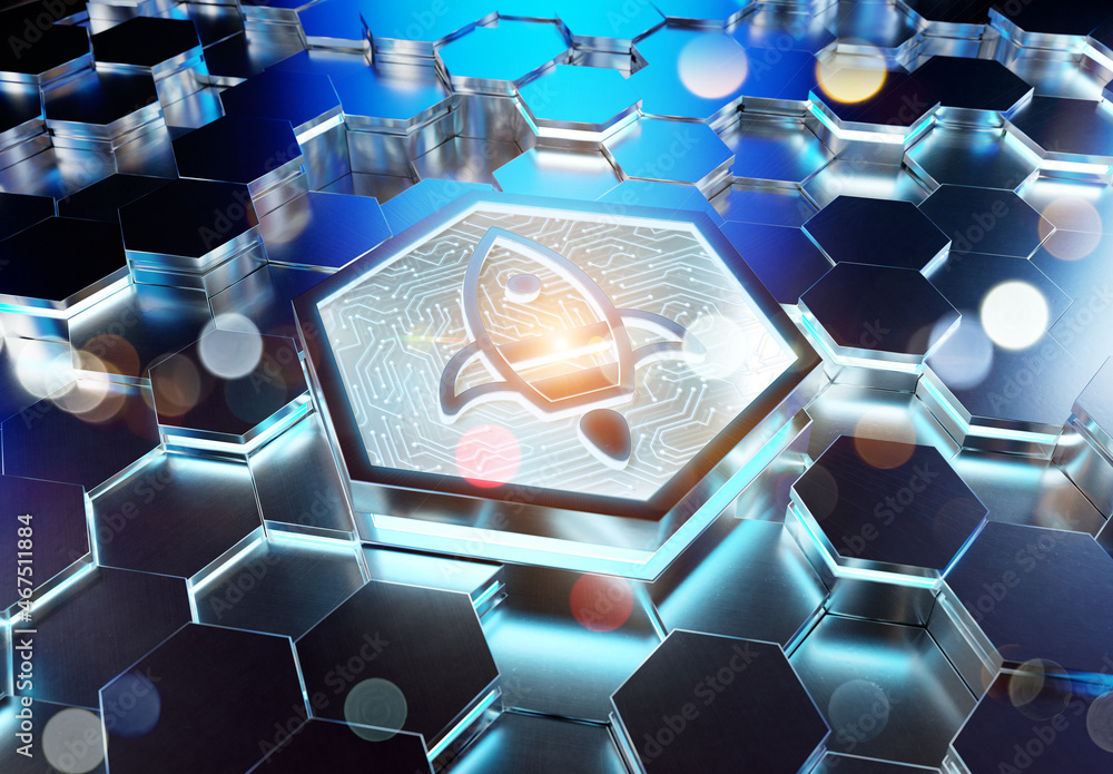 Aufkleber Spaceship icon innovation concept engraved on metal hexagonal pedestral background. Rocket startup logo glowing on abstract digital surface. 3d rendering
