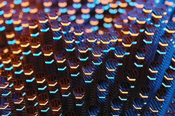 Obraz premium Metallic black blue and orange glowing hexagons moving pillars background 3D rendering