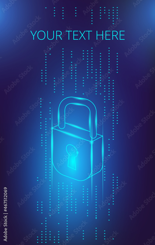 Aufkleber neon virtual lock on the one of the data stream. vector illustration on the topic of cybersecurity. 