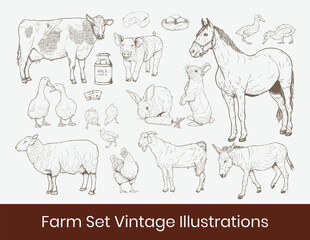 Animal Farm set bundle horse, cow, sheep, pig, duck, ducklings, hen, cock, rooster, chickens, sheep, goat, milk, cheese, rabbits, donkey with vintage retro style sketch illustrations