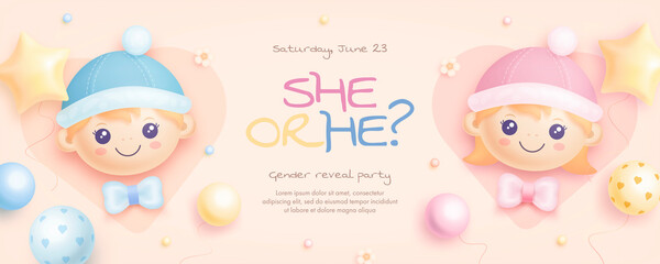 He or she. Cartoon gender reveal invitation template. Horizontal banner with realistic helium balloons. Vector illustration