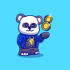 cute businessman panda illustration carrying gold coins