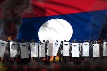 Lao People Democratic Republic protest stopping concept, police guards in heavy smoke and fire protecting law against riot - military 3D Illustration on flag background