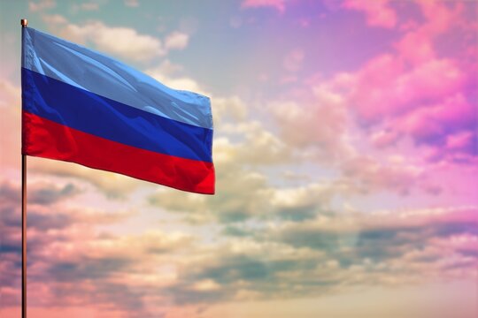 Fluttering Luhansk Peoples Republic flag mockup with the space for your content on colorful cloudy sky background.