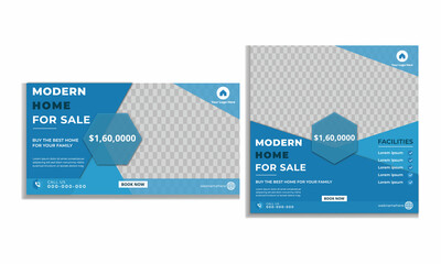 Real Estate Social Media Post Template, 
Editable Post Template Social Media Banners.
Blue Background Color Shape. Vector Illustration.