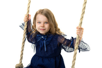 Lovely blonde little girl swinging on rope swing