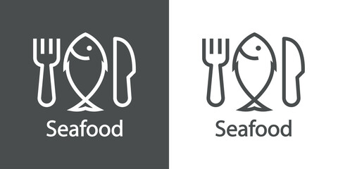 Logotipo restaurante. Banner con texto Seafood y silueta de pescado con tenedor y cuchillo con líneas en fondo gris y fondo blanco
