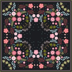 Bandana print with beautiful floral ornament. Square pattern with flowers. Print for scarf, shawl, kerchief. Vector illustration.