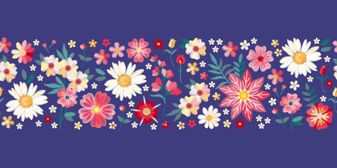 Embroidery seamless border with colorful summer flowers. Floral embroidered pattern. Fashion print.