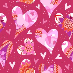 Seamless pattern with hearts and dots. Patchwork design. Beautiful print for valentines day.
