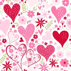 Fototapeta na wymiar Cute seamless pattern with hearts, flowers and leaves. Romantic vector design. Beautiful print for Valentines day.