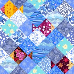 Patchwork seamless pattern with colorful fish. Creative vector design. Print for fabric and textile.