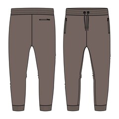 Khaki color Basic Sweat pant technical fashion flat sketch template front and back views. Apparel Fleece Cotton jogger pants vector illustration drawing mock up for kids and boys. 