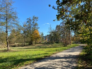 Fototapeta premium Recreational and hiking trails in early autumn along the Glatt River and in the Zürich (Zuerich or Zurich) Gebiet area (Grindel Gebiet), Wallisellen - Switzerland