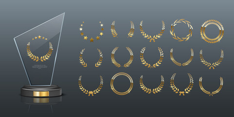 Glass award with gold laurel wreath, 3d realistic acrylic mockup prize for winner
