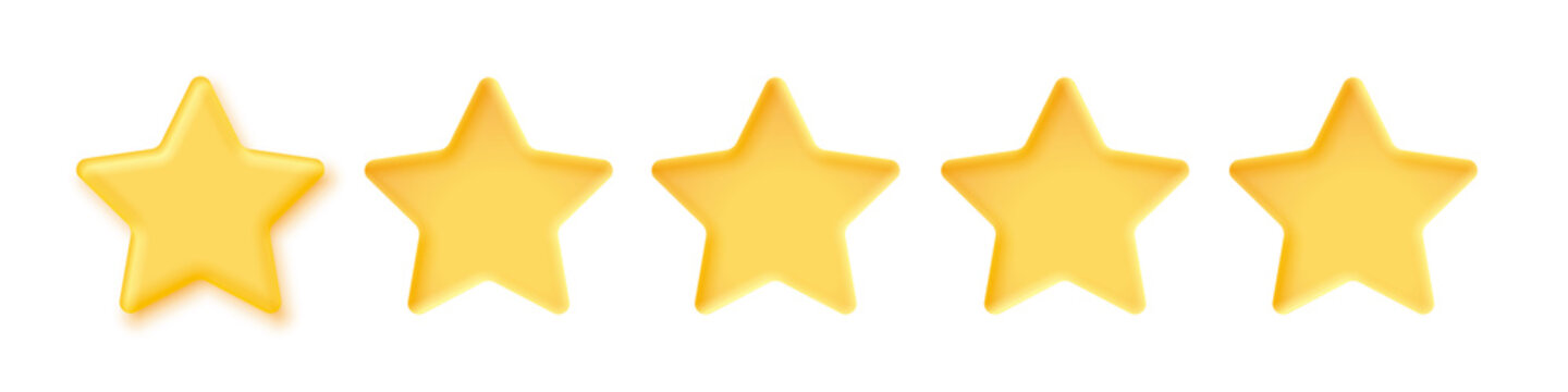 5 gold stars for product review, 3d yellow or golden ranking symbols in row for feedback