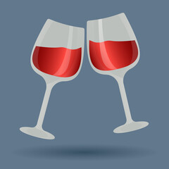 Two glasses of burgundy wine on blue background. Cheers, celebration. Flat vector illustration