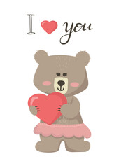 Vector illustration cartoon cute bear girl holding a heart and lettering I love you.Teddy bear illustration is suitable for baby textiles, t-shirts, clothes, room decor.