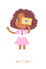 Girl learning sight sensory sense, holding card with human eye in hand, studying vision