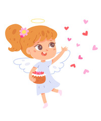 Cute angel magic character with hearts, little cupid with wings, Happy Valentine day