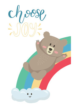 Vector illustration  cartoon cute bear boy riding a rainbow and lettering Choose Joy.Teddy bear illustration is suitable for baby textiles, t-shirts, clothes, room decor.