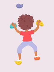 Kid climber climbing rock wall, fearless boy bouldering, hanging on rope