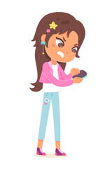 Girl holding mobile phone, young female person wearing casual jeans and jacket