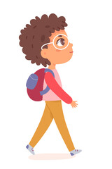 Cute boy walking with backpack to school, little funny schoolboy character in glasses