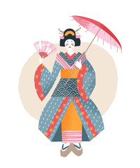 Japanese girl in traditional kimono, Japan symbol, cute woman holding umbrella and fan