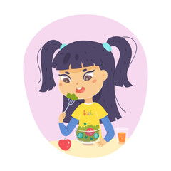 Kid eating healthy food on lunch, dinner or breakfast, girl sitting at table to eat salad