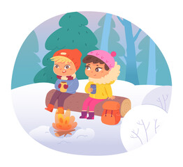 Winter picnic of friends children, camping in nature, hiker sitting on log with hot drink