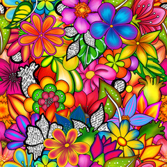 Colorful seamless print consisting of colorful bright flowers and leaves in doodling style. Design for scrapbooking, gift wrapping, printing on clothes, souvenirs