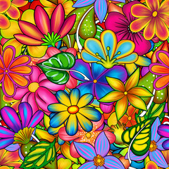 Colorful seamless print consisting of colorful bright flowers and leaves in doodling style. Design for scrapbooking, gift wrapping, printing on clothes, souvenirs