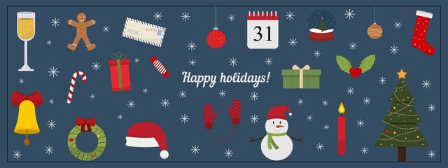 Vector illustration of a set of 20 different Christmas items. These elements can be used to create your own, creative designs.