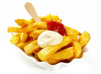French Fries with Ketchup and Mayonnaise - Fast Food on white Background Isolated