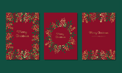 Christmas card design set, Decorated frame, Gold and green illustration on red background