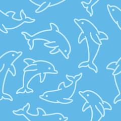 Simple seamless trendy animal pattern with dolphin. Cartoon contour vector illustration.